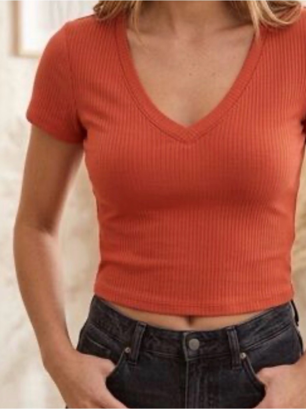 Bozzolo Ribbed V-Neck Crop Top - Burnt Orange